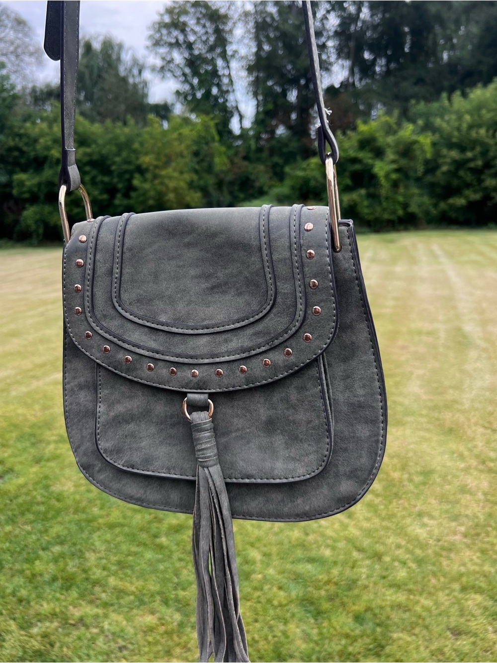 Franco Sarto Grey Faux Suede Studded Fringe Saddle Crossbody Bag